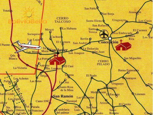 Map of Bolivia showing San Javier and Concepción Map of Bolivia showing San Javier and Concepción