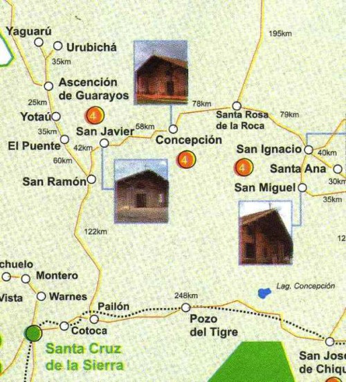 Map of Bolivia showing distances from Santa Cruz to San Javier and Concepción