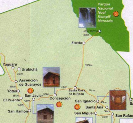Map of Bolivia showing distances between Santa Cruz and Noel Kempff National Park