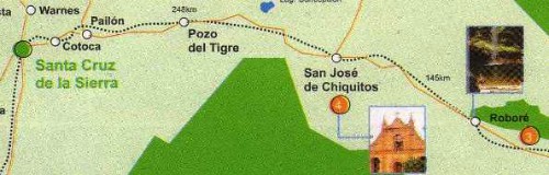 Map of Bolivia showing distances between Santa Cruz, San José de Chiquitos and Roboré