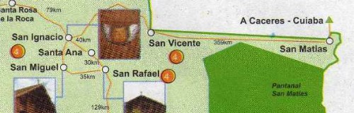 Map of Bolivia showing distances between Concepción, San Ignacio de Velasco and San Matías