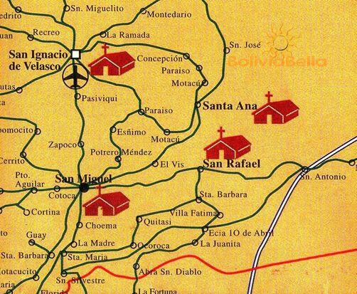 Map of Bolivia showing San Ignacio, San Rafael, Santa Ana and San Miguel