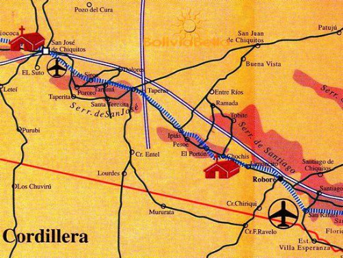 Map of Bolivia showing San José de Chiquitos, Roboré and Santiago de Chiquitos