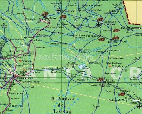 Map of Bolivia showing all the Jesuit Missions north of Santa Cruz