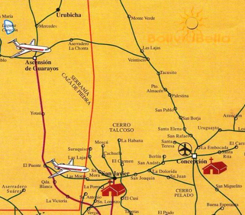 Map of Bolivia showing San Javier, Concepción, Ascención de Guarayos and Urubichá