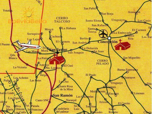 Map of Bolivia showing San Javier and Concepción
