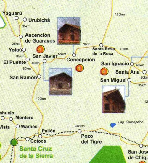 Map of Bolivia showing distances from Santa Cruz to San Javier and Concepción Map of Bolivia showing distances from Santa Cruz to San Javier and Concepción