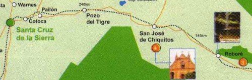 Map of Bolivia showing distances between Santa Cruz, San José de Chiquitos and Roboré Map of Bolivia showing distances between Santa Cruz, San José de Chiquitos and Roboré
